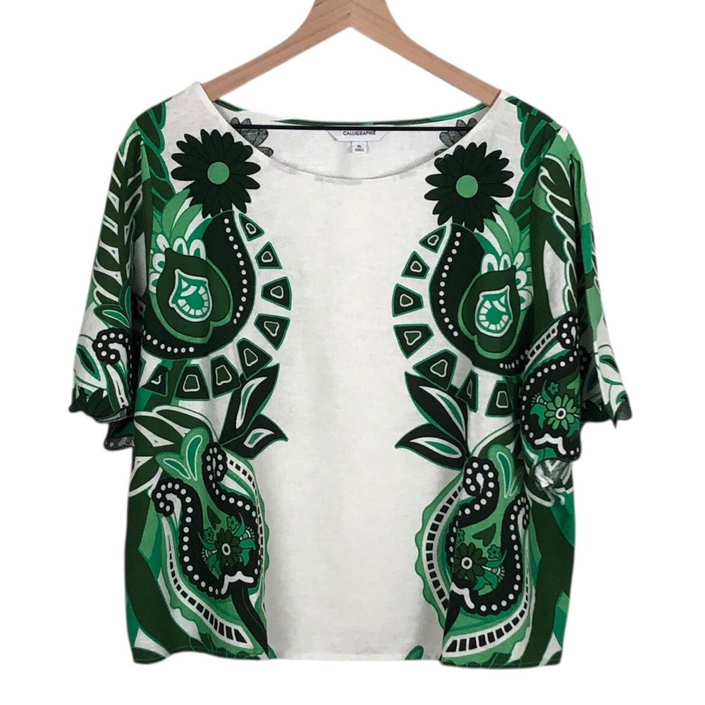 Calligraphie Linen Blend Top Pullover Scalloped Sleeve Green